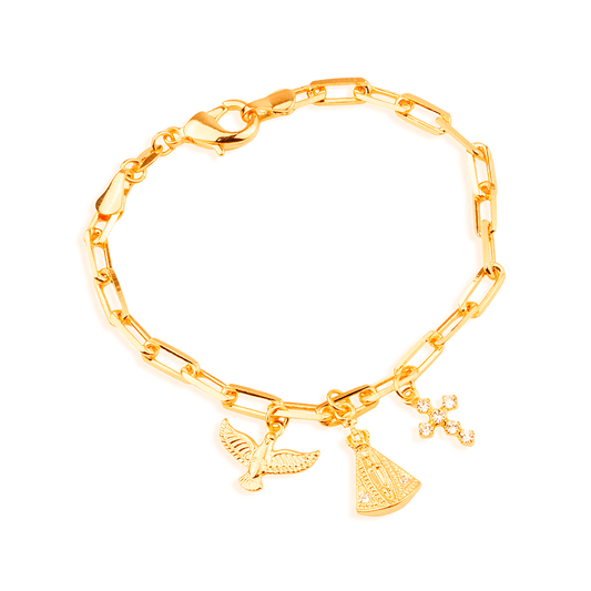 Pulseira Lilith Allure Dourada Religiosa Nossa Senhora, Espírito Santo e Cruz Cravejada de Zircônia / Lilith Allure Gold-Plated Religious Bracelet featuring Our Lady, Holy Spirit, and a Zirconia-Studded Cross