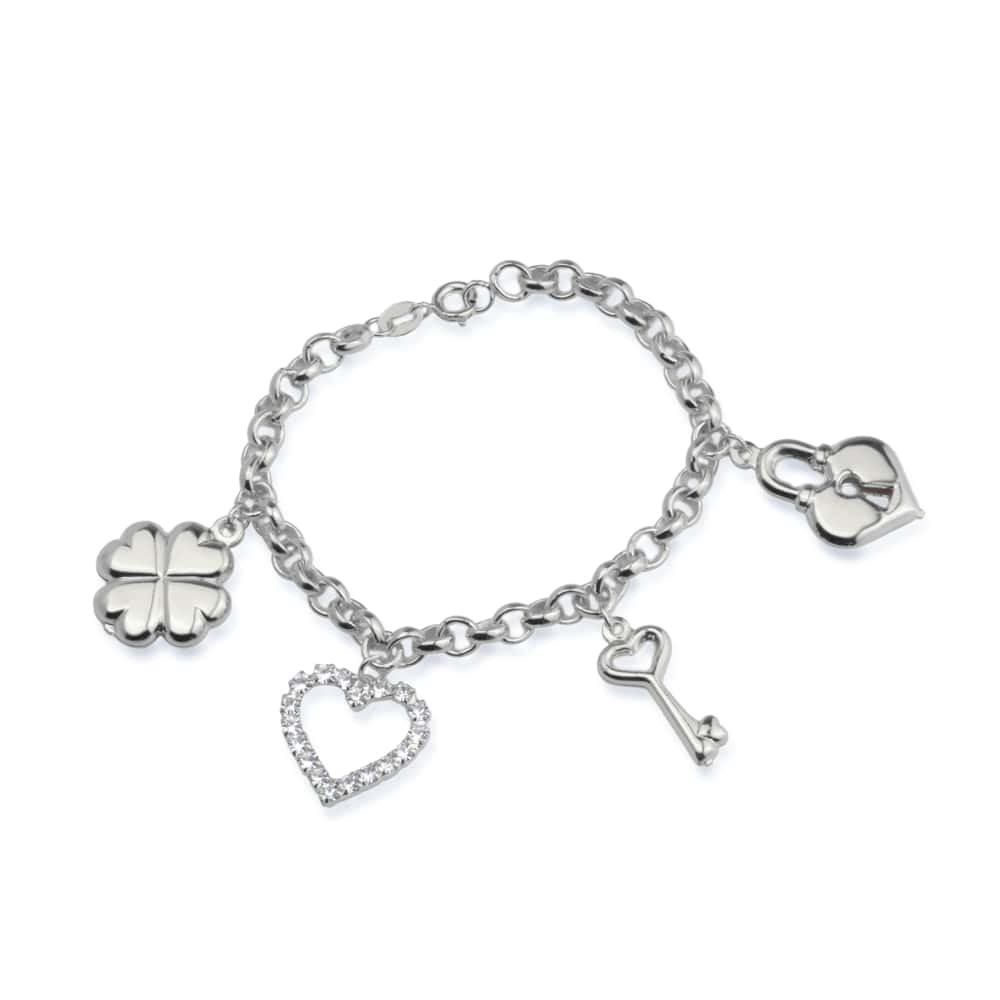Pulseira Lilith Allure Prateada Elo Português com Coração, Cadeado, Trevo e Chave / Lilith Allure Silver Elo Portugues Bracelet with Heart, Lock, Clover, and Key Charms
