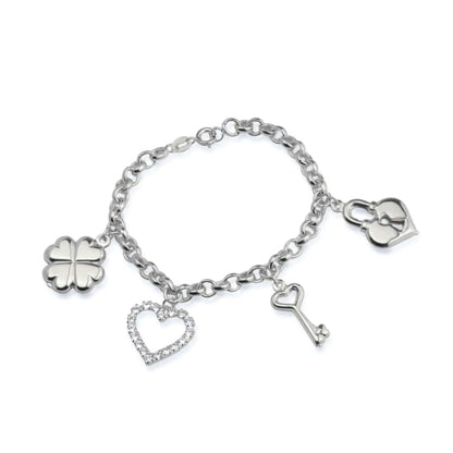 Pulseira Lilith Allure Prateada Elo Português com Coração, Cadeado, Trevo e Chave / Lilith Allure Silver Elo Portugues Bracelet with Heart, Lock, Clover, and Key Charms