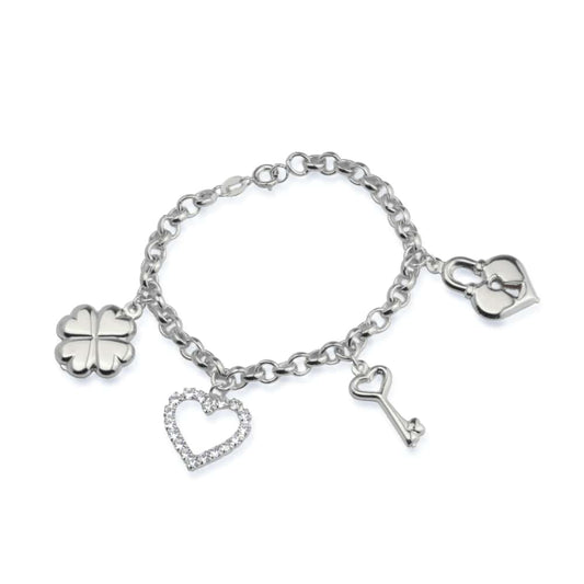 Pulseira Lilith Allure Prateada Elo Português com Coração, Cadeado, Trevo e Chave / Lilith Allure Silver Elo Portugues Bracelet with Heart, Lock, Clover, and Key Charms