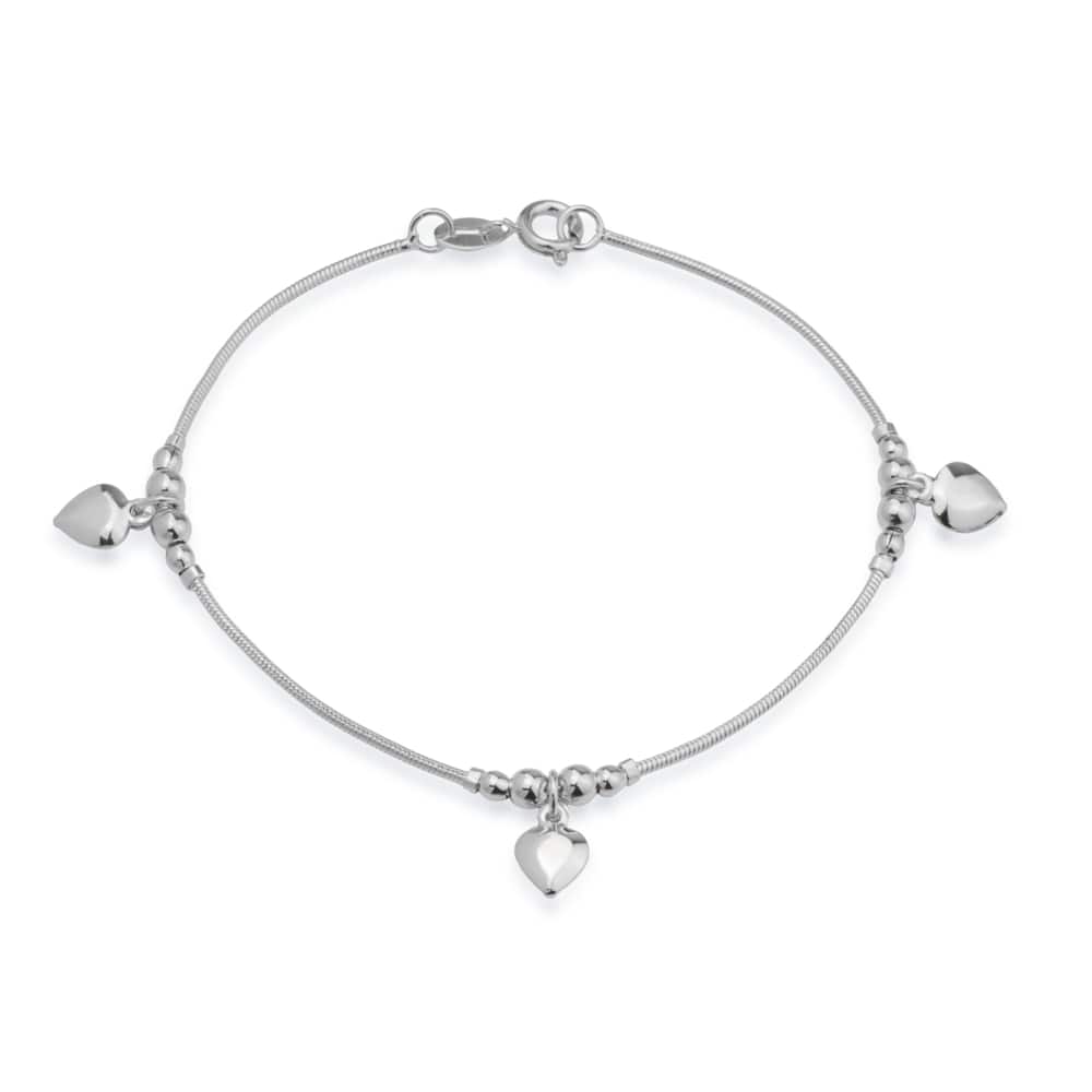 Pulseira Lilith Allure Prateada Lisa com 3 Pingentes de Coração / Lilith Allure Plain Silver Bracelet with 3 Heart Charms