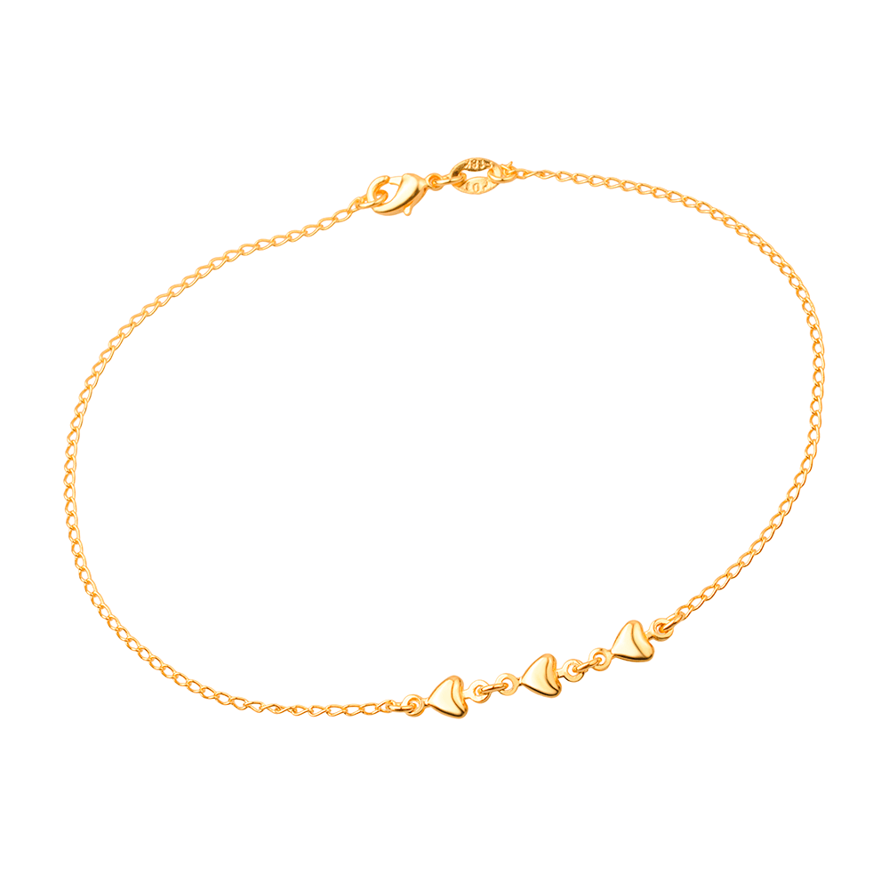Tornozeleira Lilith Allure Dourada 3 Corações Lisa / Lilith Allure Gold-Plated Anklet featuring Three Polished Heart Charms