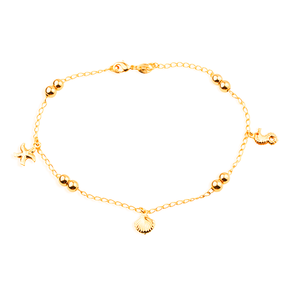Tornozeleira Lilith Allure Dourada Fundo do Mar e Bolas / Lilith Allure Gold-Plated Anklet featuring Ocean-Themed Charms and Gold Beads