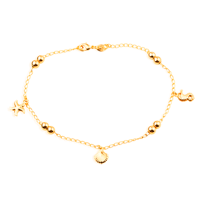 Tornozeleira Lilith Allure Dourada Fundo do Mar e Bolas / Lilith Allure Gold-Plated Anklet featuring Ocean-Themed Charms and Gold Beads