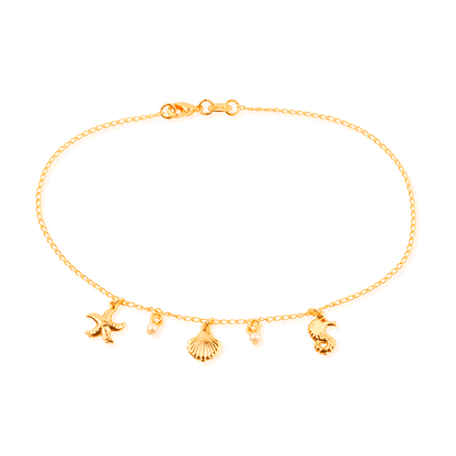 Tornozeleira Lilith Allure Dourada Fundo do Mar e Pérolas / Lilith Allure Gold-Plated Anklet featuring Ocean-Themed Charms and Pearls