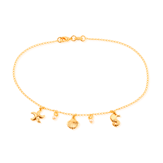 Tornozeleira Lilith Allure Dourada Fundo do Mar e Pérolas / Lilith Allure Gold-Plated Anklet featuring Ocean-Themed Charms and Pearls